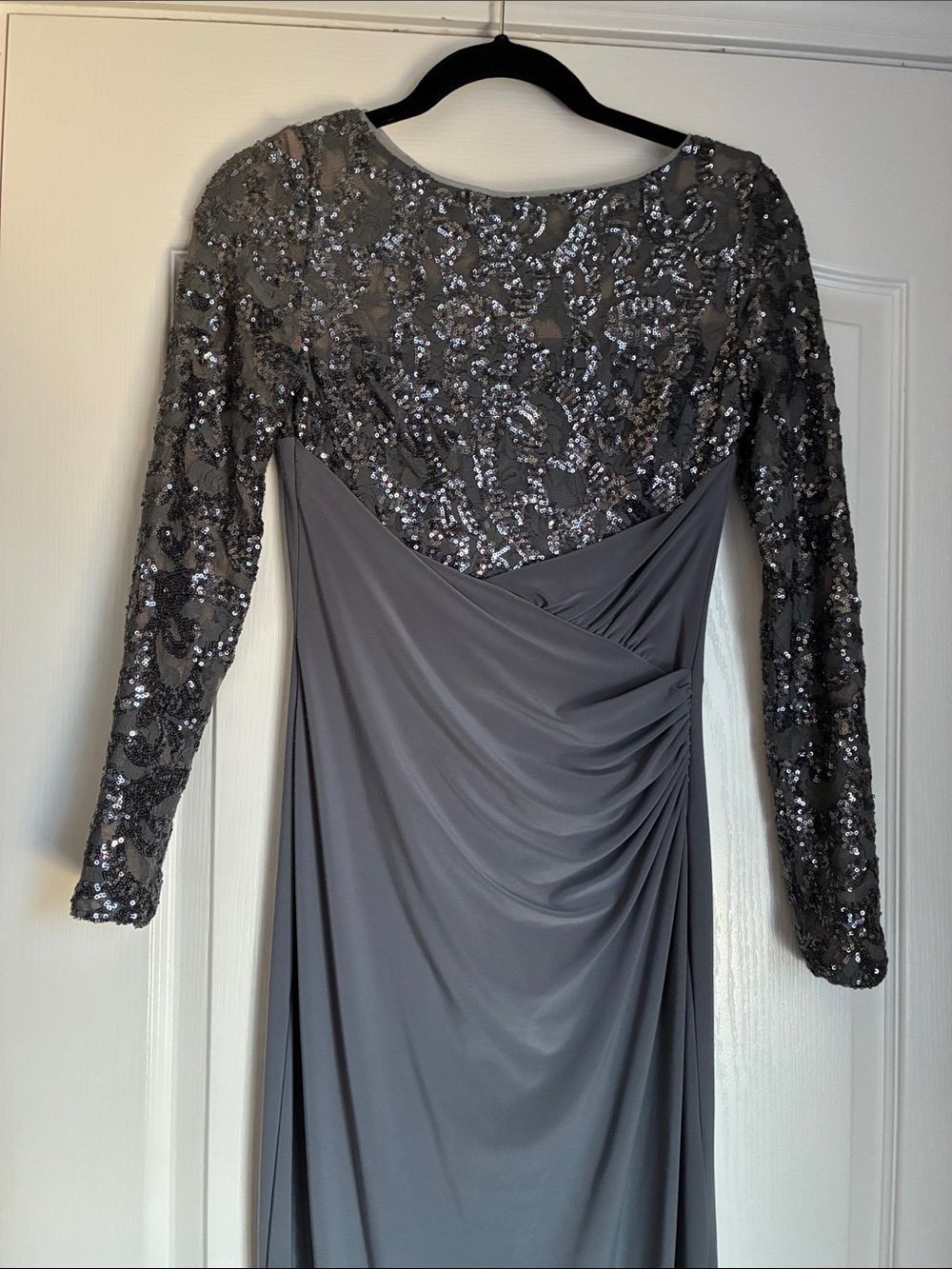 Lauren Ralph Lauren Silver-Gray Sequin Long-Sleeve Evening Dress - Picture 3 of 7